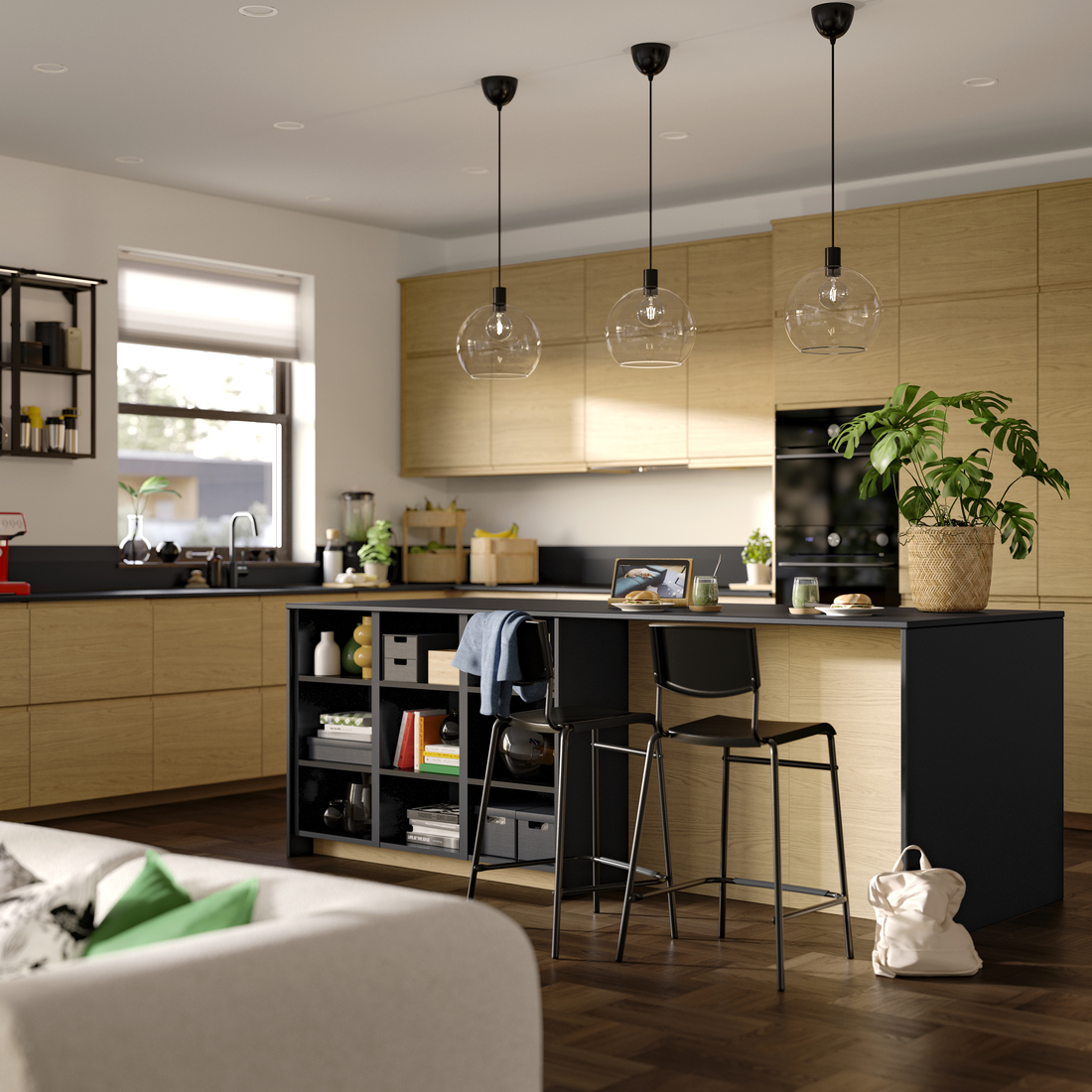 masurare bucatarie ikea fronturi lemn contrast insula neagra scaune stil industrial parchet
