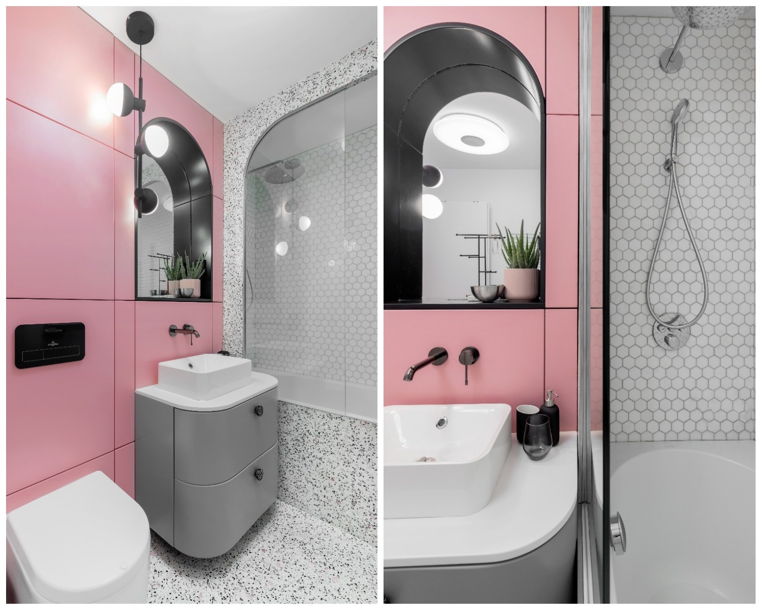 Amenajare baie roz cu terazzo Andra Bica Kanso Design