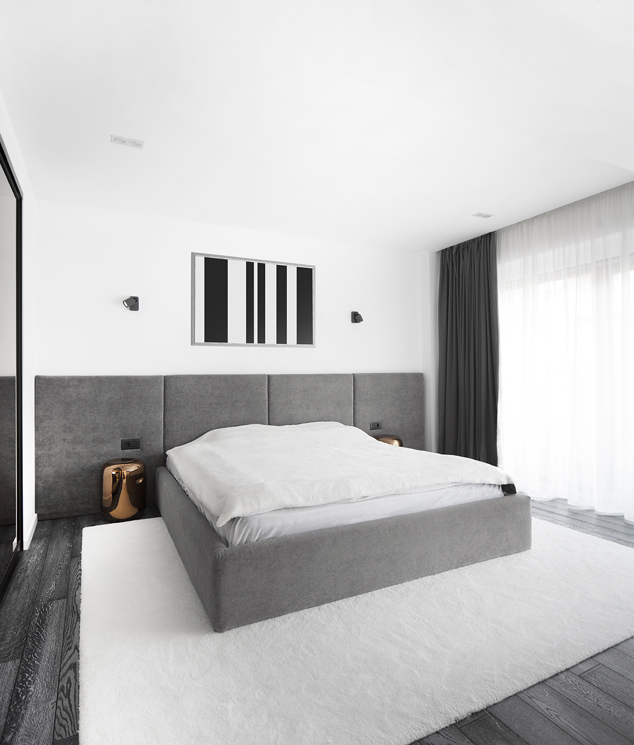 Amenajare dormitor alb negru si gri apartament Craiova Blanc Architecture