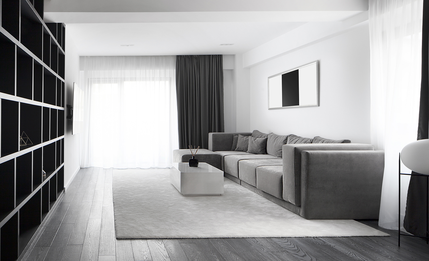 Amenajare living alb negru apartament Craiova Blanc Architecture 