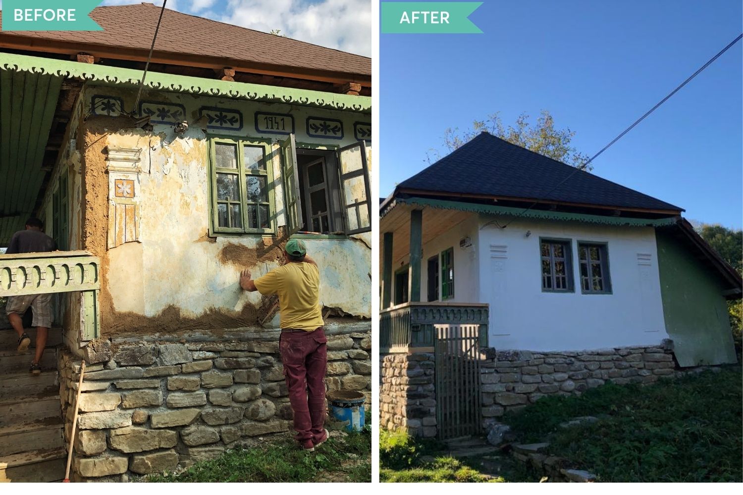 Casă la țară, construită din lemn, pământ și piatră