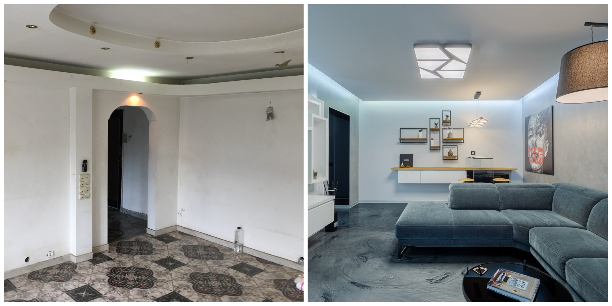 Before and after - Renovare apartament Vitan arh. Alexandru Bucur Interiology - living pardoseală epoxidică
