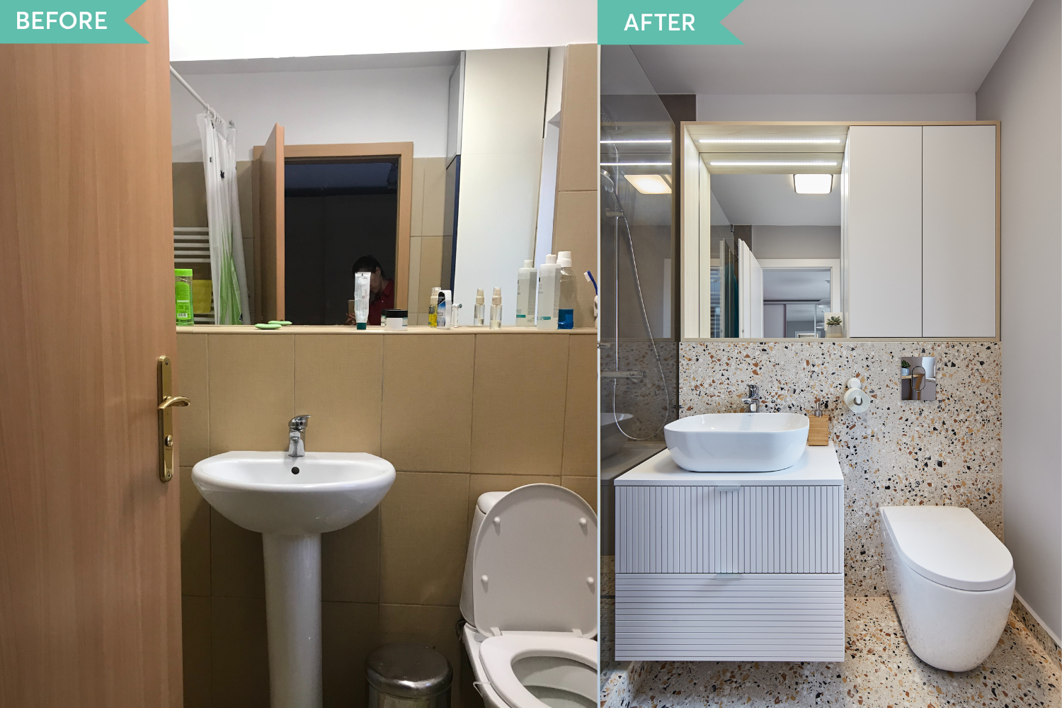 Before and after - renovare baie terrazzo vila Pipera - arh. Cristina Micu