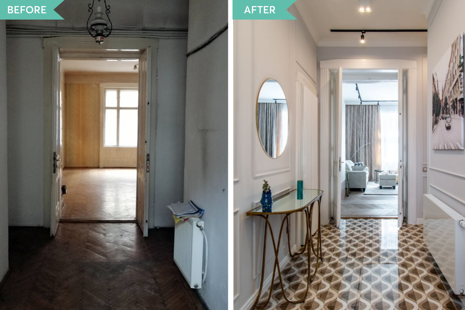 before after intrare apartament mare