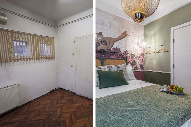 before after dormitor cu tapet colorat