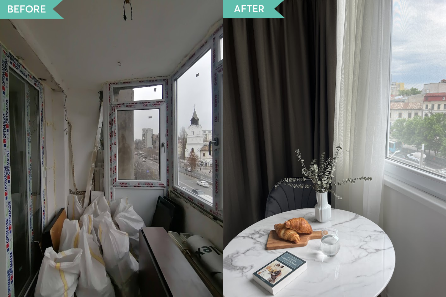 În micul balcon, au creat o zonă de mic dejun, cu perdele și draperii pe trei laturi.