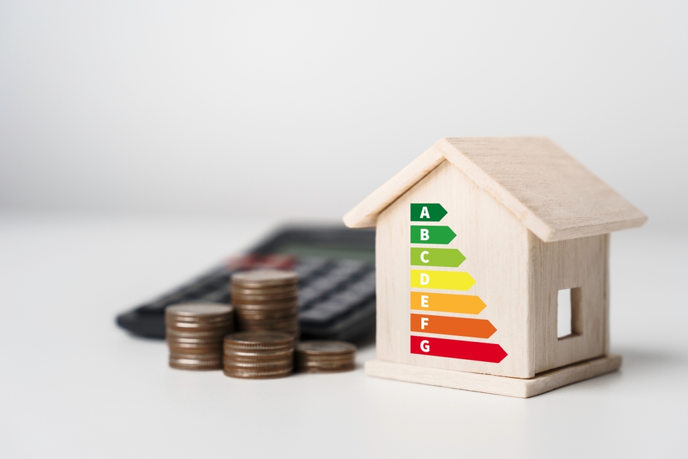 certificat de performanță energetică casă în miniatură cu bani si grafic de performanță