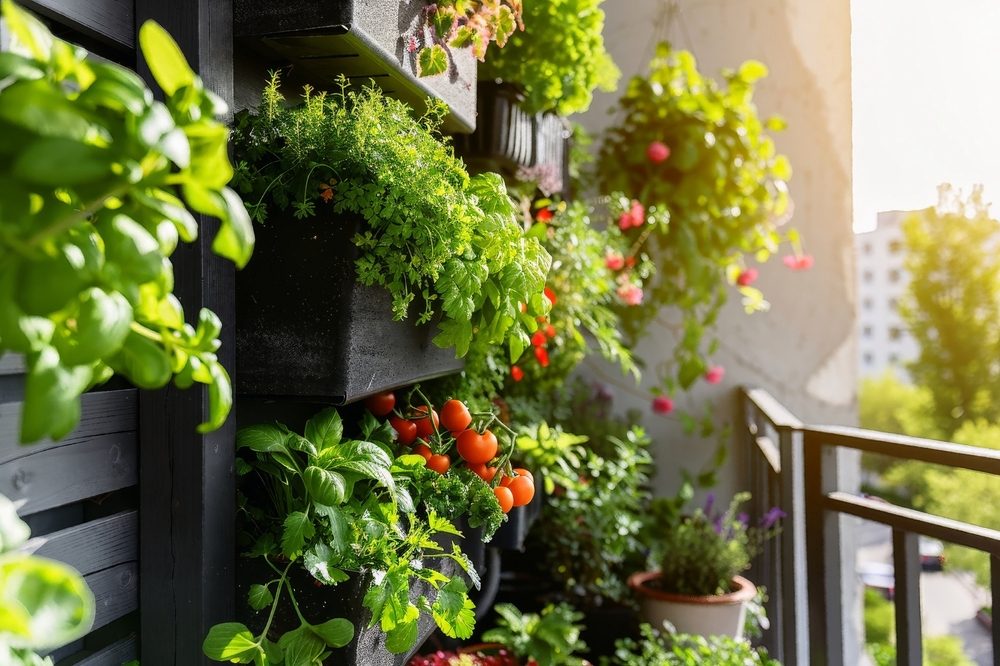Roșii în ghiveci pe balcon: Soi de roșii pitic pe un balcon însorit, alături de alte plante aromatice într-o grădină verticală.